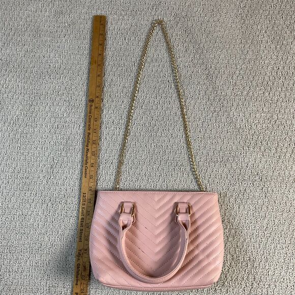 Pink Chevron Quilted Satchel Purse Top Handle Crossbody Bag Gold Chain Strap - Picture 2 of 5
